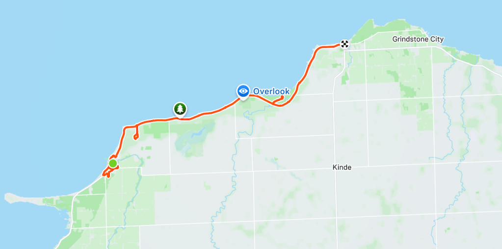 Map showing the marathon course route along the Lake Huron coast in Caseville, Michigan.